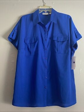 Kathy Che Royal Blue Short Sleeve Button-Front Chest Pockets Shirt Size 14/16W
